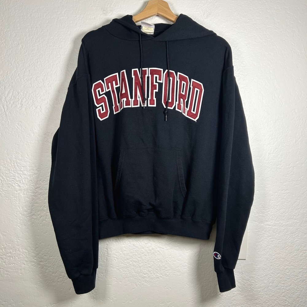 Champion Black Stanford Hoodie Collegiate Cotton Fleece Sweatshirt Size M